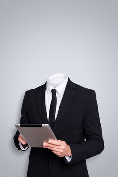 3d retro abstract creative artwork template collage of without head headless suit costume businessperson hold tablet economy banker
