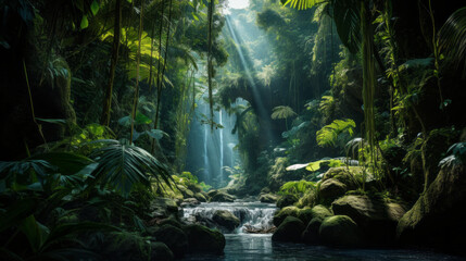 waterfall in the jungle with sun rays © Halal Vision Studio