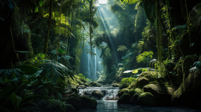 Fototapeta waterfall in the jungle with sun rays