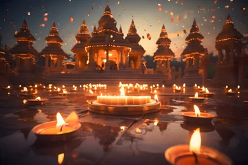 Tuinposter Lights and Colors: Diwali Festivity Background temple ai generated art © mihail