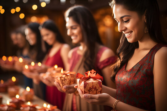 Diwali Gift Exchanges joy of gift-giving with images of wrapped presents, excited faces, and heartfelt moments ai generated art 