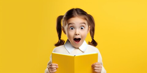 Amazed little girl holding an open book and a pencil on a yellow background.