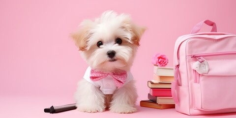 Cute fluffy dog, school backpack and stationery on pink background