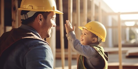 A male construction worker gives high five to a child at a construction site, wearing a helmet and blue overalls on a sunny day.