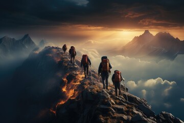 Group of people on peak mountain climbing helping team work , travel trekking success business