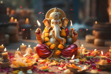 Divine Diwali Decor: Adorning the Temple with Ganesh Statue ai generated art