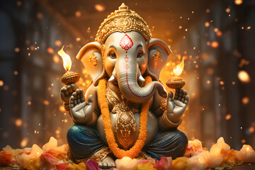 ganesha statue in the temple wallpaper ai generated art  - obrazy, fototapety, plakaty