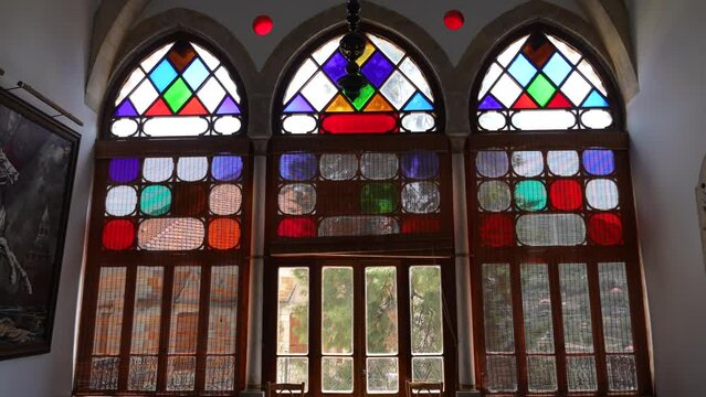 Stained glass windows in Druze leader Walid Jumblatt Palace Moukhtara Lebanon