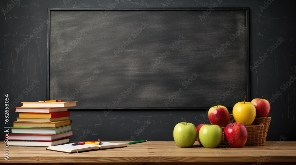 Aufkleber back to school concept. apple and book on empty school blackboard background.created with generative