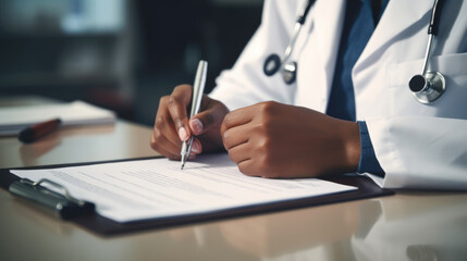 Doctor sitting at desk and writing a prescription for her patient. Created with Generative AI technology.