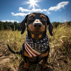 dachshund American flag around the neck, sunny weather in nature