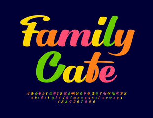 Vector cute banner Family Cafe with colorful Alphabet Letters and Numbers. Cursive bright Font