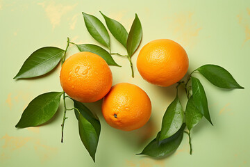 Top view of orange fruits with leaves