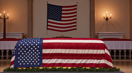 stars and stripes on top of casket in funeral house - Generative AI