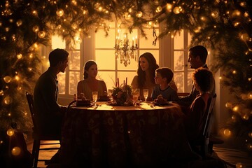 Group of friends sitting in a restaurant at sunset, drinking coffee and talking, A cozy warm image of a cozy family gathered around in Christmas, AI Generated