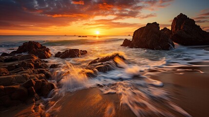 Fototapeta premium Photo of a breathtaking sunset over the ocean with rocks in the foreground created with Generative AI technology