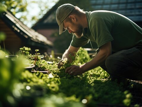 gardener building a green roof created using generative Ai tools