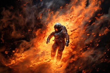 Astronaut in space suit on fire background. Science fiction. A flattering fire from space, AI Generated