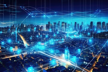 Obraz na płótnie Canvas Conceptual image of global network connection over cityscape at night, A futuristic urban city background with blue network connection lines and hologram effect, AI Generated