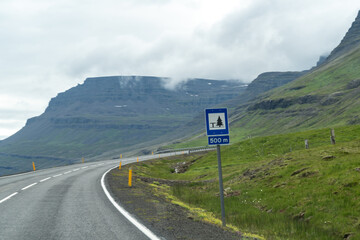 Typical road sign in Iceland, for an upcoming picnic area and rest stop for drivers ahead with a pullout