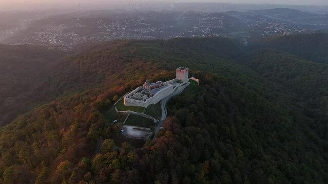 Aerial drone shot of Oltar Domovine ston fortress castle on top of Zagreb uptown hill