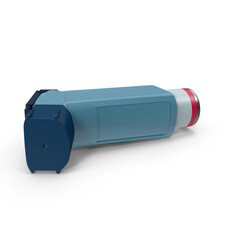 Light Blue Blank Inhaler With Metallic Element On Light Gray Background. Minimalism. Healthcare. Cope Space. Empty Space. 3d Rendering, Asthma Inhaler 3D illustration on white background