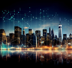 Financial trading graphs on New York City at night  background.