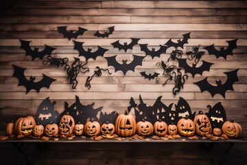 Carved Pumpkins, Bats and Spiders on a Wooden Wall background, generative ai
