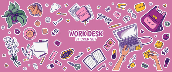 Hand drawn stationery element sticker set. Doodle work desk top view. School and work equipment icons with supplies, stationery, books, planner, flower, coffee. Vector colorful illustration