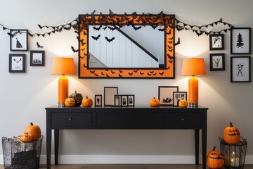 table with Halloween Decoration with Bats and Pumpkins on white wall background, generative ai