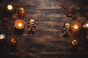 top view Dolls, Cobwebs and candle Lights on a Wooden Background, generative ai
