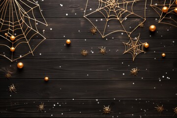 top view halloween decorations on wooden black background, generative ai