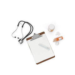 doctor prescription medicine and stethoscope, medical prescription with a pen isolated. Ballpoint pen lying on medical prescription near phonendoscope in doctor's office. 3D render