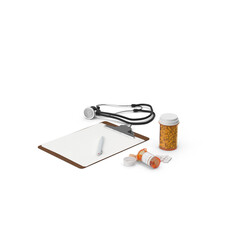 doctor prescription medicine and stethoscope, medical prescription with a pen isolated. Ballpoint pen lying on medical prescription near phonendoscope in doctor's office. 3D render
