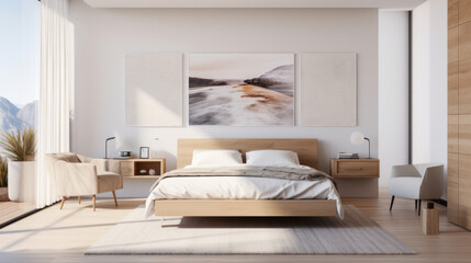 a white bedroom with a large semi-sunlit bed in the middle