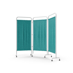 3D rendering of hospital green drapes with metal posts and curtains. Medical screen cover isolated on white background. Close-up of folding screen