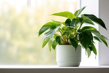 Background image. Plant Philodendron sp, in a pot, on a modern background. Copy space. For text.