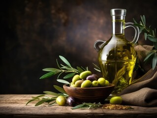 Bottle with oil and olives, extra virgin olive oil. useful oil for health.