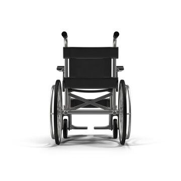 Wheelchair with black leather seat and metal railings - back view - 3D Illustration