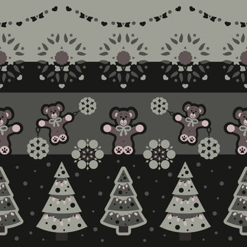 Christmas Seamless Pattern. Cute cuddly bear and Christmas tree. Dark gray and Almond Green color. Vector.