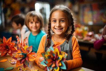 A photo of the birthday child and their friends participating in a themed craft activity, showcasing their creativity and imagination, children's birthday, Birthday Generative AI