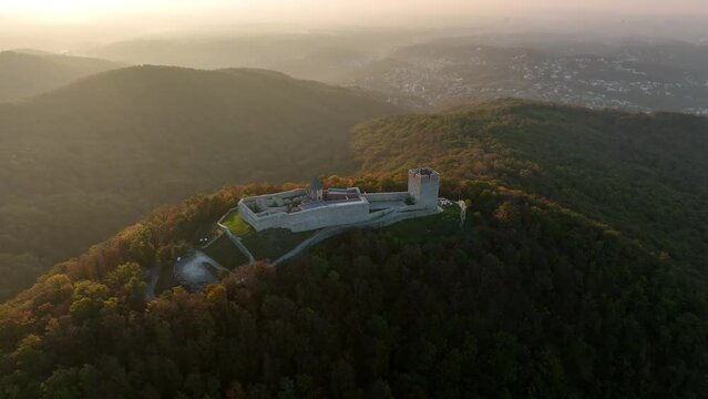Aerial drone shot of Oltar Domovine ston fortress castle on top of Zagreb uptown hill