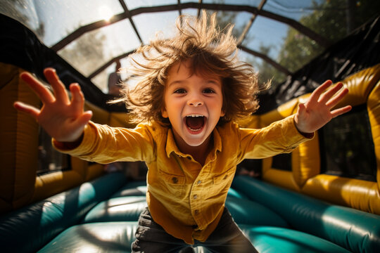 An action shot of the birthday child jumping on a trampoline or bouncing in an inflatable castle, capturing their energy and excitement, children's birthday, Birthday Generative AI