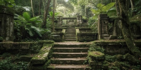 AI Generated. AI Generative. Ancient old jungle forest building ruin history civilisation outdoor landscape. Adventure explore new lands