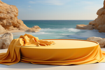 Obraz premium 3D yellow podium with copy space for product display presentation on beach with blue sky and white clouds background. Tropical summer and vacation concept. Graphic rendering design.