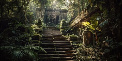 AI Generated. AI Generative. Ancient old jungle forest building ruin history civilisation outdoor landscape. Adventure explore new lands