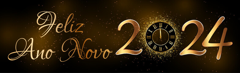 cartão ou banner para desejar um feliz 2024 em ouro com o 0 representado por um relógio e glitter dourado ao redor em um fundo gradiente marrom a preto