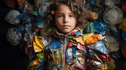 child poses in an outfit made from recycled fabrics, promoting sustainable fashion choices
