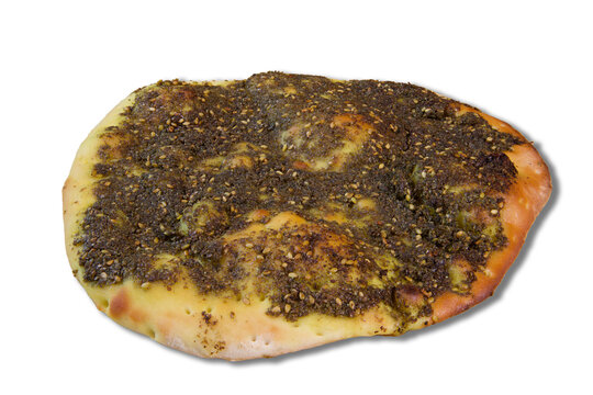 Plain tasty zaatar manakish, arabic cuisine and food, white or transparent background 