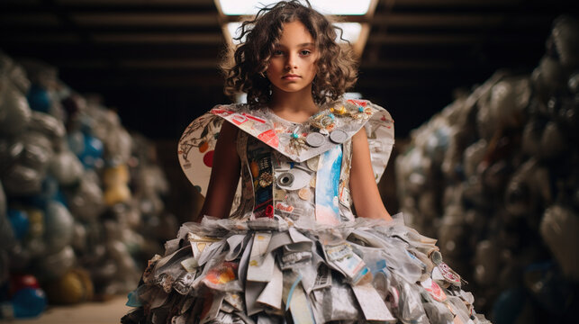 child poses in an outfit made from recycled fabrics, promoting sustainable fashion choices